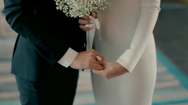 Bride Groom Stand Together Hold Each Others Hands Beautiful Slow — Vídeo de stock
