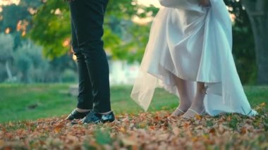 Slow motion video shoot of feet of a bride and groom walking in the park at noon. in the grass with yellow leaves that have fallen from the trees in autumn.