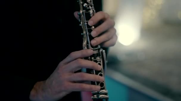 Artist Black Suit Plays Clarinet Close Video Shooting — Stockvideo