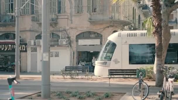 Filmagem Câmera Lenta Trilhos Leves Brancos Jaffa Tel Aviv Durante — Vídeo de Stock