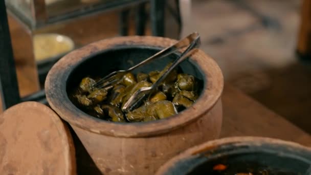 Open Ceramic Pots Prepared Middle Eastern Food Pots Stuffed Vine — Stock video