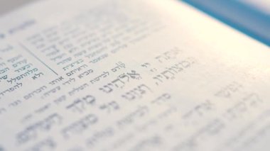 Close-up video recording of Hebrew words in the open Torah book. Prayer in Hebrew.
