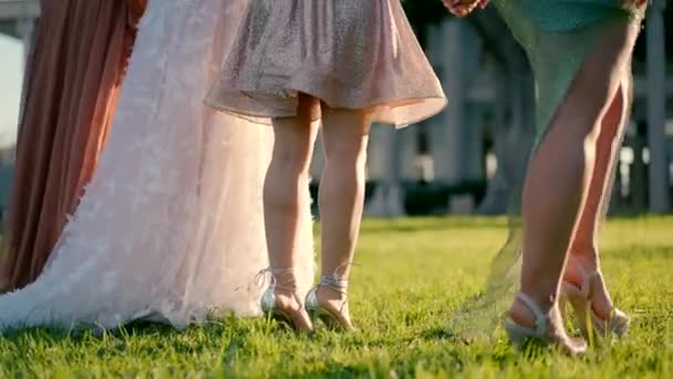 一个新娘和她的三个朋友手牵着手走在绿草上 穿着雅致衣服和高跟鞋的女人一起在草地上散步 — 图库视频影像