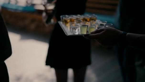 Muitos Copos Com Bebidas Alcoólicas Bandeja São Servidos Aos Convidados — Vídeo de Stock