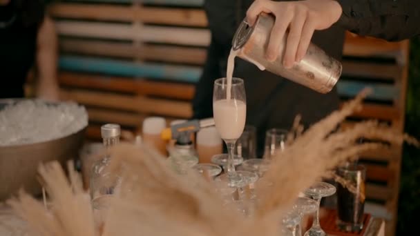 一个酒保从摇瓶里往杯子里倒了一杯牛奶鸡尾酒 — 图库视频影像