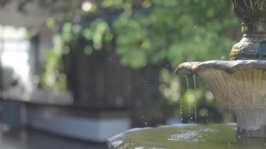 Beautiful small fountain with water flow in a landscaped garden on day.