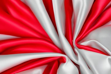 Kırmızı ve beyaz bayrak benzeri arkaplan, hareketli doku ve ipek benzeri malzeme, metin için boşluk.