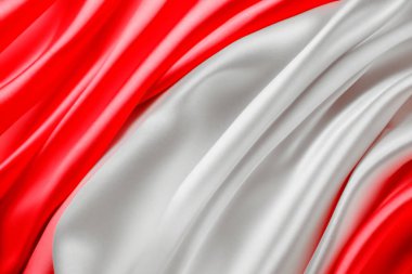 Kırmızı ve beyaz bayrak benzeri arkaplan, hareketli doku ve ipek benzeri malzeme, metin için boşluk.