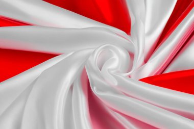 Kırmızı ve beyaz bayrak benzeri arkaplan, hareketli doku ve ipek benzeri malzeme, metin için boşluk.