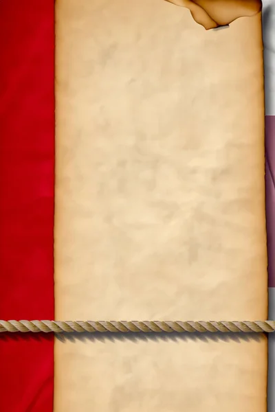 薄いロープの装飾が施された古い紙の文書で テキスト用のスペースがあり 赤と白の旗のような背景にあります — ストック写真