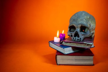 Kafatası yanan mum ve siyah arka plan üzerine kitap. Cadılar Bayramı ve Cadılar Bayramı konsepti