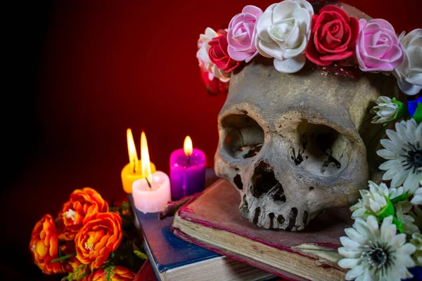 Siyah arka planda güller olan kafatası. Cadılar Bayramı konsepti.