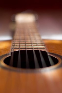 Akustik bir gitarın, tellerin, ses panosunun ve perdelerin boynunun fotoğrafı.