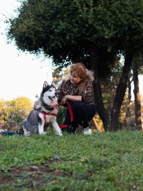 Latin kadın parkta Sibiryalı köpeğini gezdiriyor.