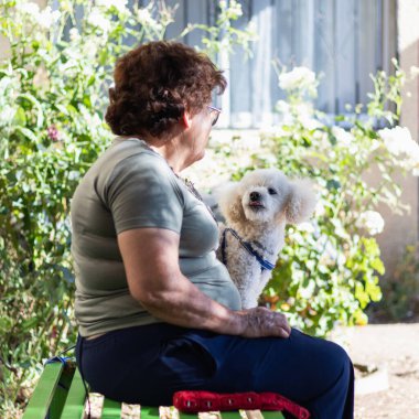Yaşlı bir kadın parkta evcil hayvanıyla oturuyor.