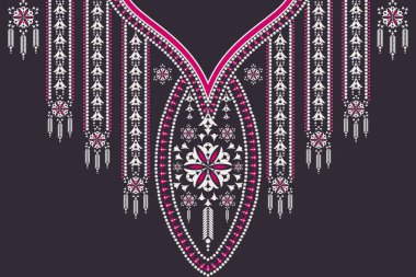 Siyah arkaplanda vektör etnik yaka işlemeli geometrik çiçek şekilli pembe renk tasarımı. Gömlekler için kadınsı kabile sanatı.