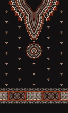 Etnik kırmızı-altın renginde işlemeli çiçek desenli, siyah arkaplan kenarlı. Afrika kabile sanatı modası.