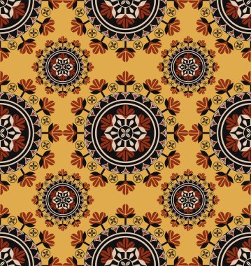 Sarı arkaplandaki Afrikalı etnik çember çiçek desenli taşıyıcı. Kumaş, tekstil, iç dekorasyon elementleri, döşeme ve ambalaj için kullan.