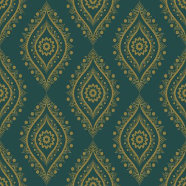 Etnik Hint retro yeşil-altın rengi çiçek biçimi kusursuz desenli arka plan. Kumaş, tekstil, iç dekorasyon elementleri, döşeme ve ambalaj için kullan.