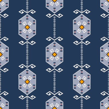 Mavi arkaplanda vektör etnik yerli Aztek geometrik altıgen şekilsiz desen. Kumaş, tekstil, iç dekorasyon elementleri, döşeme ve ambalaj için kullan.