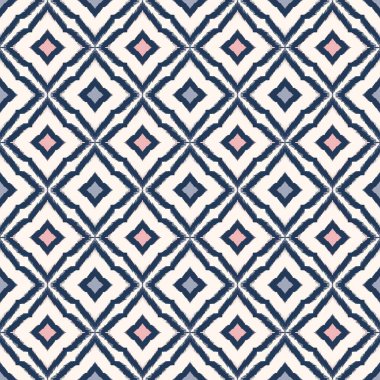 İllüstrasyon, etnik geometrik ızgara şeklindeki, modaya uygun mavi-pembe renkli, pürüzsüz desenli arka plan. Kumaş, tekstil, iç dekorasyon elementleri, döşeme ve ambalaj için kullan.