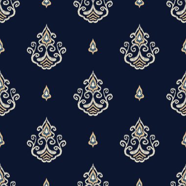 Etnik hademeler. Çizim, etnik kabile sarı-mavi renkli kilise soyut şekilsiz desen arkaplanı çiziyor. Ikat batik, kumaş, tekstil, ev dekorasyonu elementleri için sari deseni.