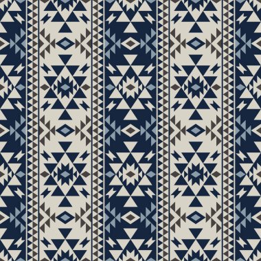 Etnik geometrik çizgiler. Vektör etnik aztek geometrik çizgiler mavi renksiz desenli arka plan. Kumaş, tekstil, etnik iç dekorasyon unsurları, döşeme, ambalaj.