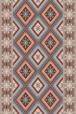 Etnik arabesk geometrik desen. Sınırsız arkaplanı olan klasik etnik geometrik elmas desenli taşıyıcı. Etnik İran halısı, iç dekorasyon unsurları için alan halı deseni tasarımı.