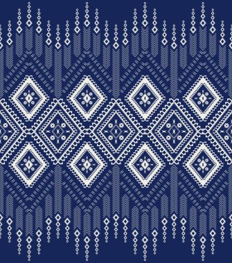 Etnik geometrik mavi-beyaz desen. Etnik sınır unsuru. Etnik geometrik elmas şekilli, dikdörtgen desenli arka plan. Kumaş, tekstil, iç dekorasyon unsurları için nakış işçileri.