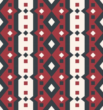 Geometrik renkli çizgili desen. Vektör geometrik kırmızı-beyaz çizgili, kusursuz desenli arka plan. Etnik geometrik çizgiler. Kumaş, iç dekorasyon ögesi, döşeme ve ambalaj için kullan.