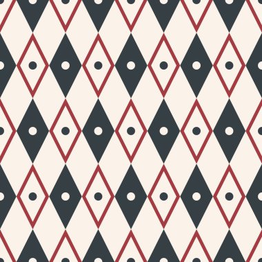 Elmas nokta geometrik desen. Vektör geometrik kırmızı-mavi renk eşkenar dörtgen rastgele desen. Kumaş, tekstil, iç dekorasyon elementleri, döşeme ve ambalaj için geometrik dikişsiz desen.