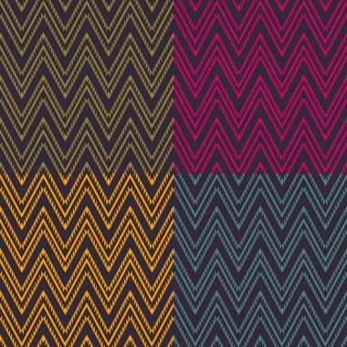 Siyah arkaplanda vektör etnik geometrik zigzag biçimsiz desen 4 renk belirlendi. Kumaş, tekstil, iç dekorasyon elementleri, döşeme ve ambalaj için kullan.