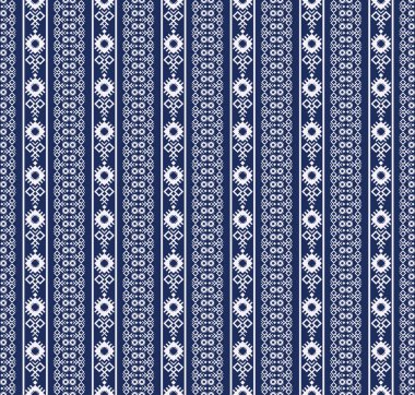Mavi arka planda, vektör etnik işlemeli beyaz geometrik çizgiler dikişsiz desen. Yüzey desenli tasarım. Kumaş, tekstil, iç dekorasyon elementleri, döşeme ve ambalaj için kullan.