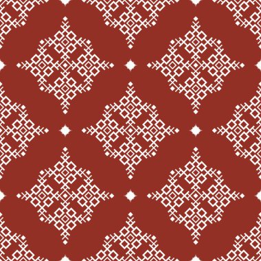 Kırmızı arkaplanda vektör beyaz yerli Aztek küçük geometrik şekilli dikişsiz desen. Kumaş, tekstil, iç dekorasyon elementleri, döşeme ve ambalaj için kullan.