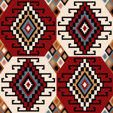 Renkli etnik geometrik desen. Vektör Aztek Kilim geometrik kare elmas şekilli kusursuz desen. Kumaş, tekstil, ev dekorasyonu unsurları, döşeme ve ambalaj için renkli Türk deseni kullanımı.