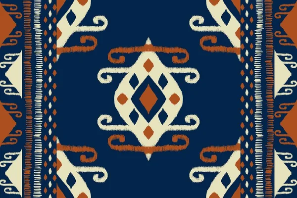 Ikat ethnic pattern. Illustration ikat aztec Kilim geometric shape seamless pattern blue color background vintage boho style. Ikat tribal pattern use for fabric, home decoration elements, upholstery.