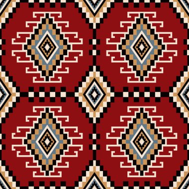 Renkli etnik geometrik kare deseni. Kırmızı arkaplanda kare şeklinde Aztek Kilim geometrik elmas şeklinde vektör. Kumaş, tekstil, ev dekorasyonu unsurları, döşeme, ambalaj.
