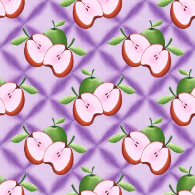 Embroidery surface pattern design. Illustration red green apple fruit drawing paint colorful seamless pattern embroidery texture background. Use for fabric, textile, home decoration elements, wrapping