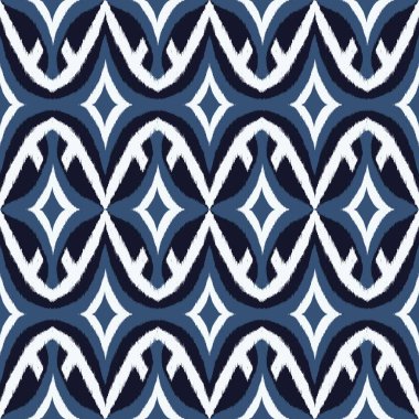 Etnik geometrik desen gibi. İllüstrasyon ikat nakış soyut geometrik şekil dikişsiz desen mavi renk ikat tarzı. Kumaş, tekstil, ev dekorasyonu unsurları, döşeme, ambalaj.