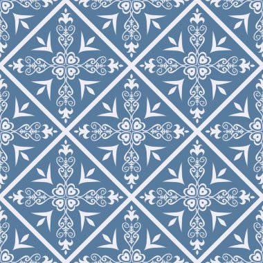 Etnik kare karo deseni. Vektör etnik geometrik çiçekli, kusursuz desenli mavi Fas tarzı. Kumaş, ev dekorasyonu unsurları, döşeme, ambalaj için Akdeniz deseni kullanımı.