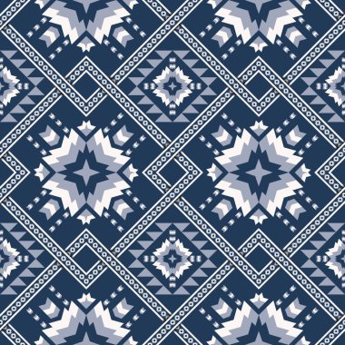 Mavi renkli etnik geometrik desen. Etnik geometrik kare vektörleri kesişmeyen şekiller oluşturuyor. Kumaş, tekstil, duvar kağıdı, yastık, döşeme ve ambalaj için mavi renk etnik desen kullanımı.