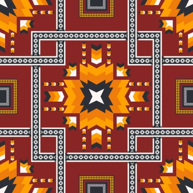 Renkli etnik geometrik kare deseni. Etnik geometrik kare vektörleri kesişmeyen şekiller oluşturuyor. Kumaş, tekstil, duvar kağıdı, yastık, döşeme ve ambalaj için renkli etnik model kullanımı.