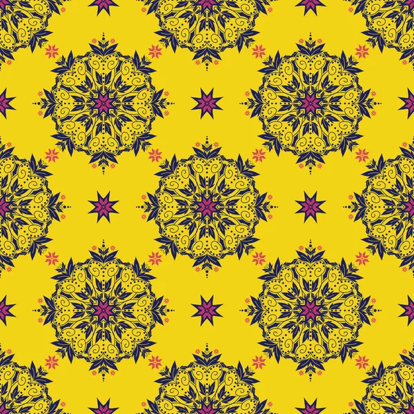 Ethnische Florale Bunte Gelbe Muster Vector Ethnische Florale Zeichnung Runde — Stockvektor