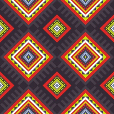 Etnik renkli geometrik desen. Etnik geometrik kare elmas şekilli kusursuz model. Kumaş, tekstil, ev dekorasyonu unsurları, döşeme ve ambalaj için etnik geometrik desen kullanımı