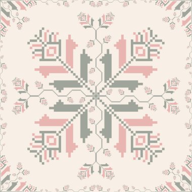 Renkli nakış desenli çiçek deseni. Vektör geometrik çiçek şekli kusursuz desenli pikselli sanat tarzı. Kumaş, tekstil, ev dekorasyonu unsurları, döşeme, vs. için etnik çiçek deseni kullanımı.