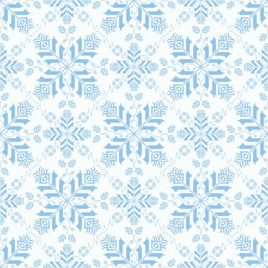 Mavi-beyaz renkli geometrik çiçek deseni. Vektör geometrik dikişsiz desenli pikselli sanat tarzı. Kumaş, tekstil, duvar kağıdı, yastık, halı, döşeme, ambalaj için çiçek deseni kullanımı.