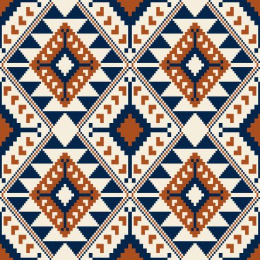 Aztek renkli geometrik desen. Vektör aztec geometrik şekil dikişsiz desen çapraz dikiş stili. Tekstil, duvar kağıdı, yastık, halı, döşeme vs. için etnik geometrik dikiş deseni