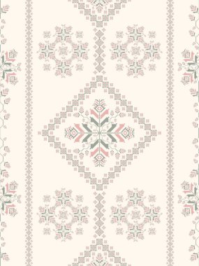 Etnik işlemeli çiçek desenli geometrik renkli desen. Vektör geometrik çiçek şekli kusursuz desenli pikselli sanat tarzı. Kumaş, tekstil, duvar kâğıdı ve döşeme için etnik çiçek deseni kullanımı.