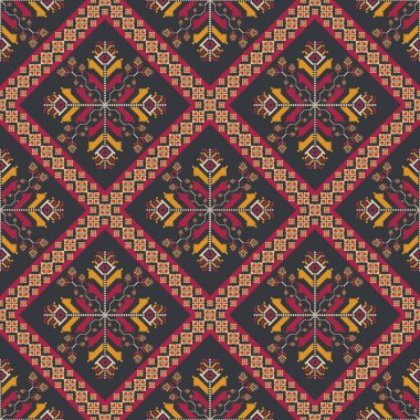 Renkli nakış desenli çiçek deseni. Vektör geometrik kare şeklindeki dikdörtgen desensiz pikselli sanat tarzı. Tekstil, duvar kağıdı, halı, yastık ve döşeme için etnik kare dikiş deseni.