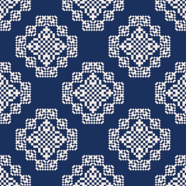 Geometrik mavi-beyaz nakış deseni. Vektör geometrik kare şeklindeki dikdörtgen desensiz pikselli sanat tarzı. Tekstil, duvar kağıdı, yastık, döşeme, ambalaj vs. için etnik geometrik desen kullanımı.